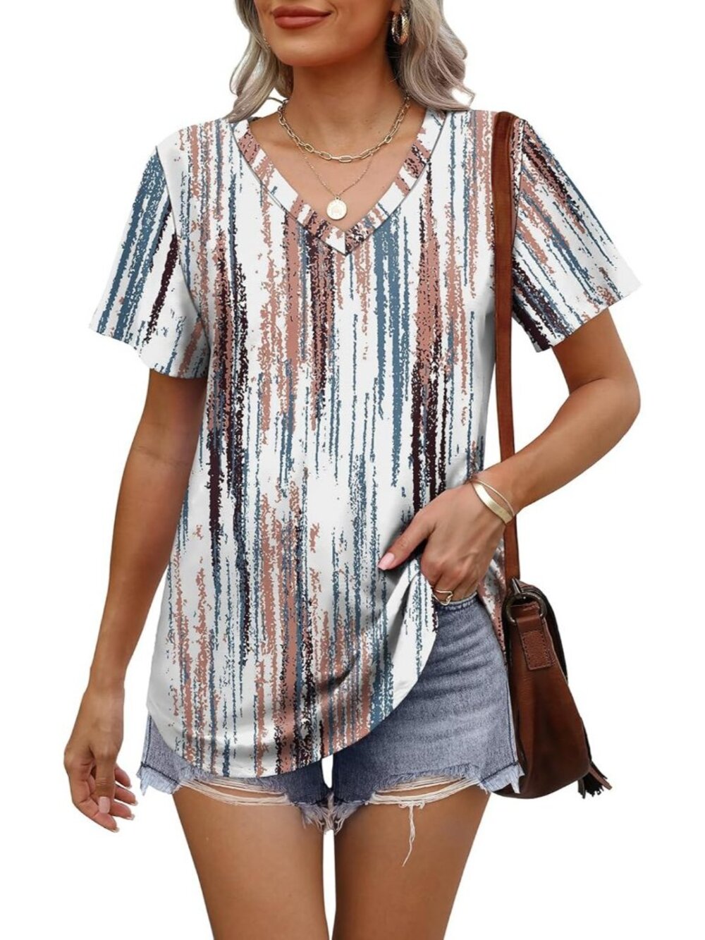Women's Tie Dye Brown V Neck Short Sleeve Shirt Casual Loose Fit Curved Hem Tops - Picture 2 of 5